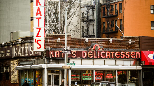 The exterior of the iconic Katz's Delicatessen in New York City.