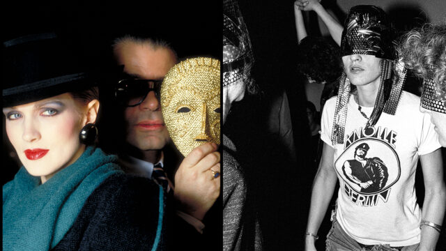 Dianne Dewitt and Karl Lagerfeld photographed by Dustin Pittman alongside a black and white photograph of Madonna wearing a mask, shot by Dustin Pittman