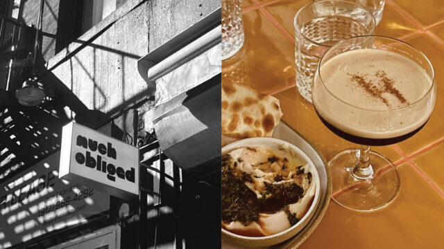Exterior signage for Much Obliged bar in New York City, shot in black and white, alongside a coupe of espresso martini and a bowl of herb-topped labneh with flatbread on terracotta tiles.