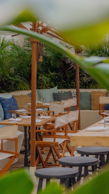 Seating area with palm trees at Gilligan's outdoor bar and restaurant in SoHo, NY.