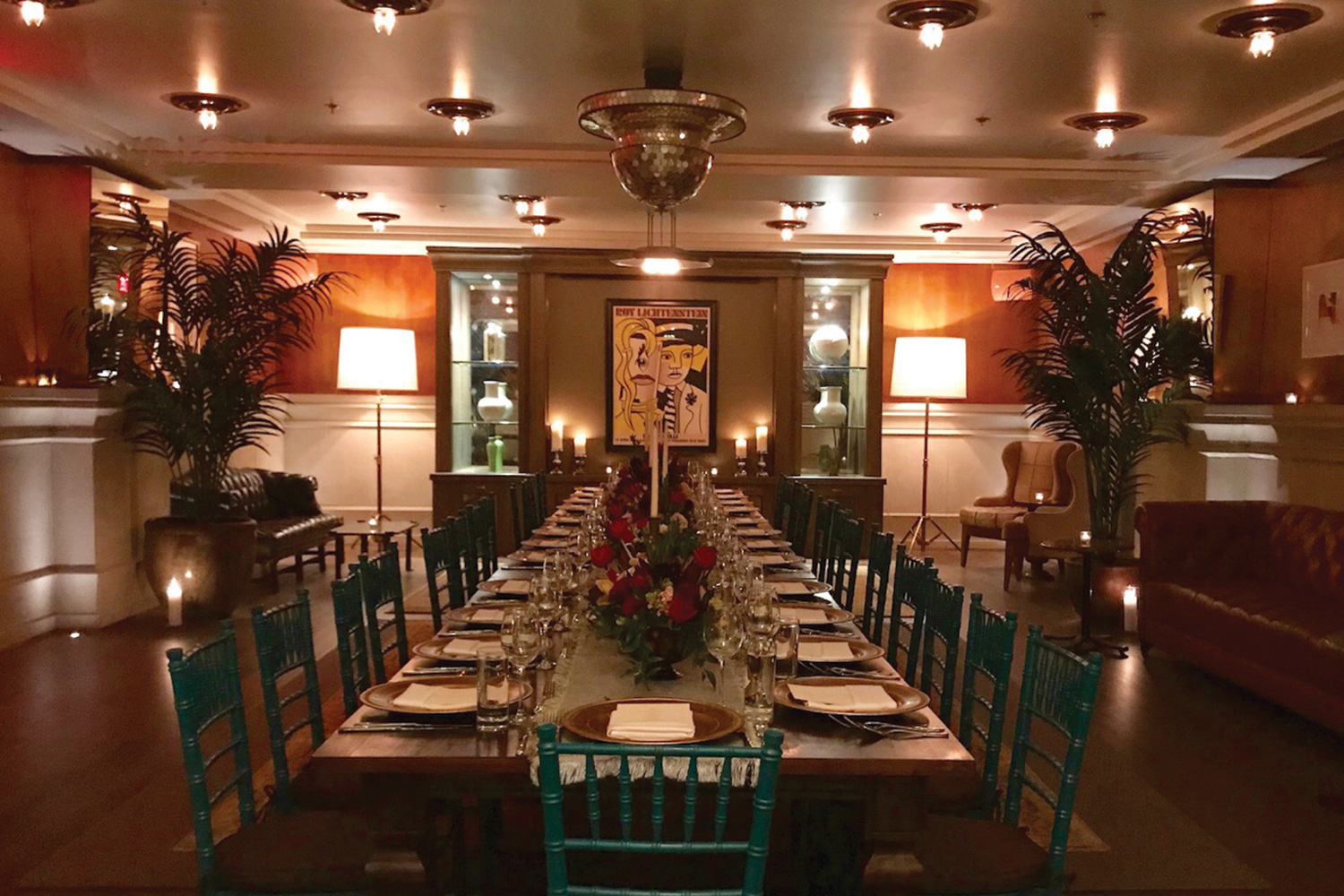 long table set for a dinner party in the castelli room