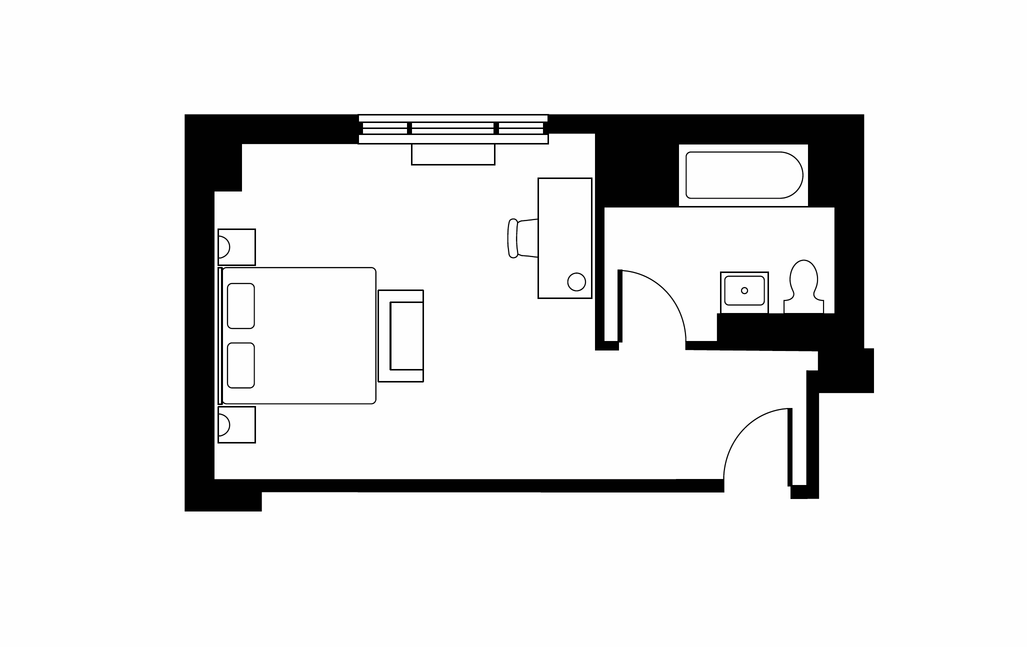 Black and white floor plan of a Grand Corner King Room at Soho Grand Hotel.