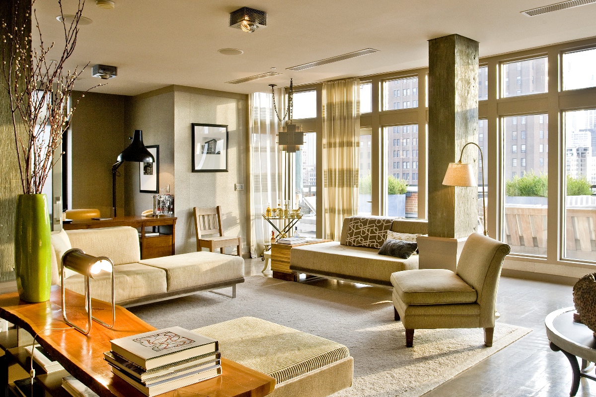 Loft South's living space with a view of the terrace overlooking the SoHo neighborhood