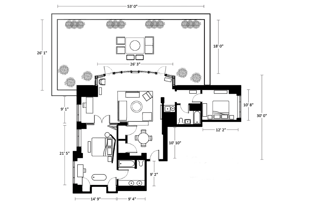 Floor plan of Loft South Penthouse at Soho Grand Hotel.