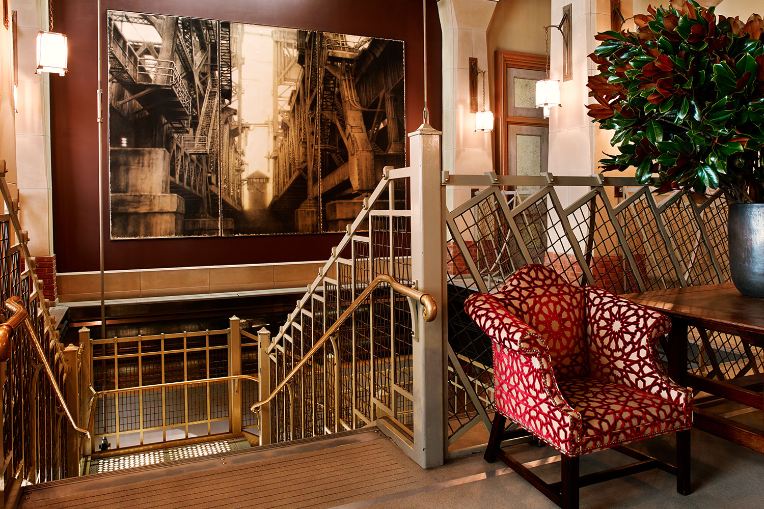 interior shot of the landing of the iconic soho grand staircase.