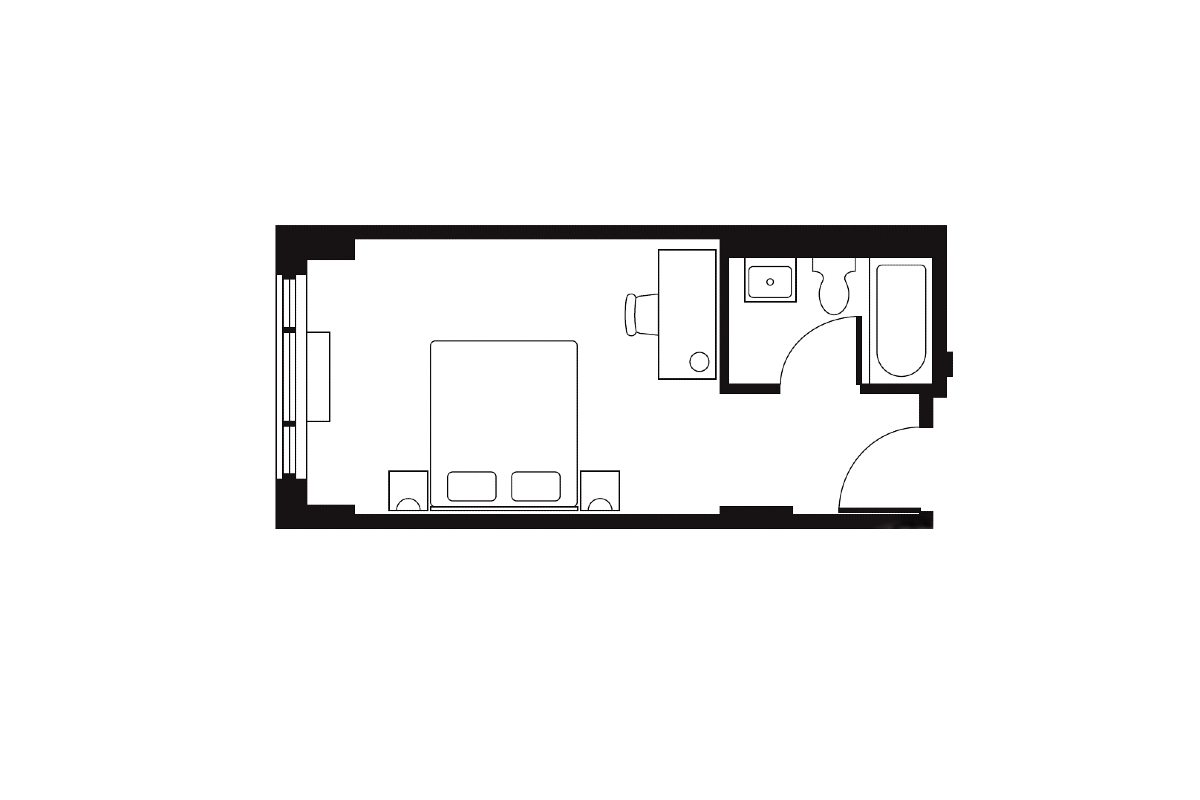 Floor Plan of a Grand Deluxe King at Soho Grand Hotel.