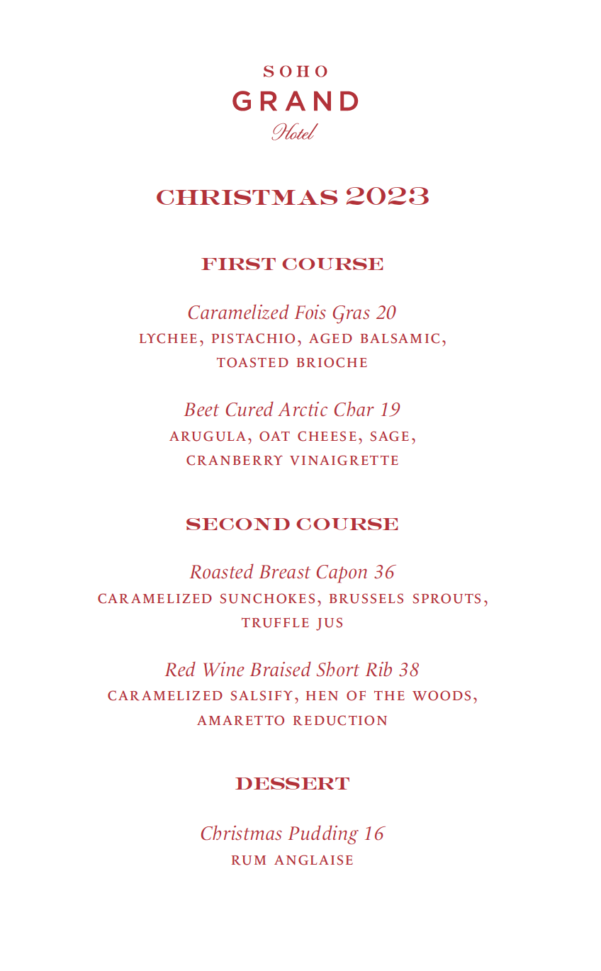 Christmas Menu at Soho Grand Hotel