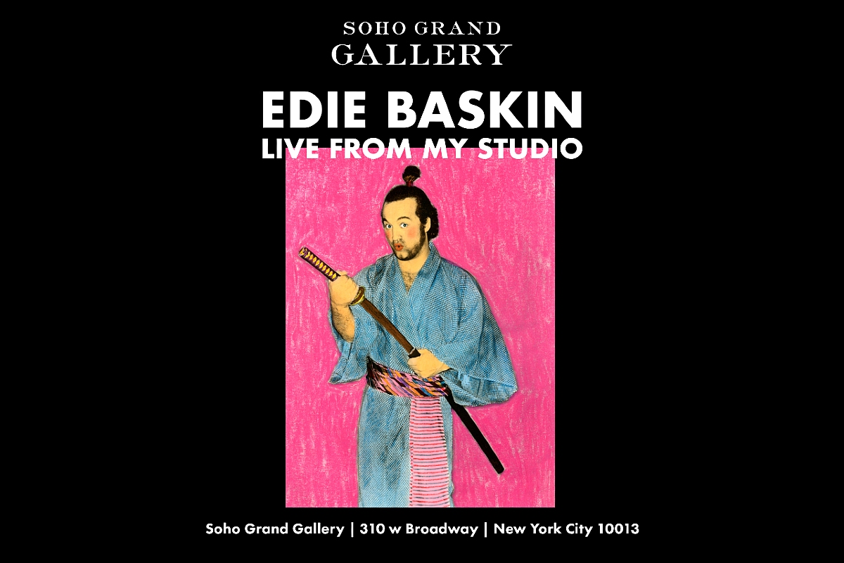 Announcement of Edie Baskin exhibit with a picture of John Belushi dressed as a samurai against a pink background.