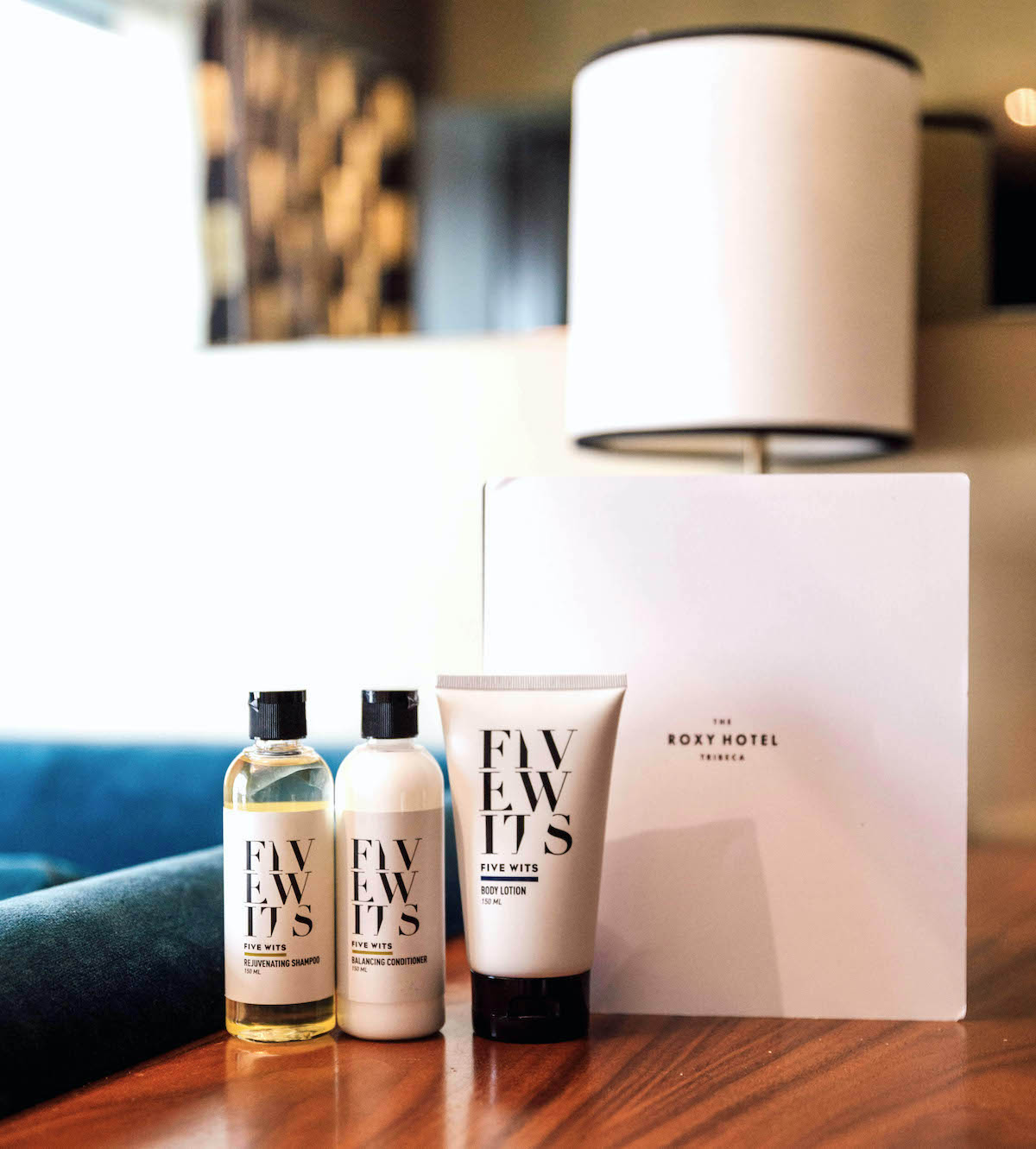 detail shot of the Five Wits bath products included with the suite
