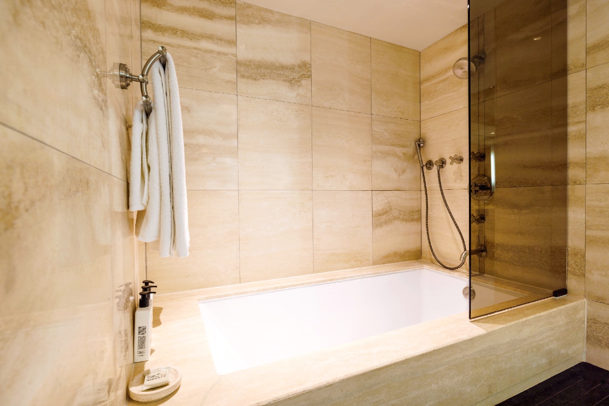 Soaking tub in the bathroom of the Roxy Penthouse.