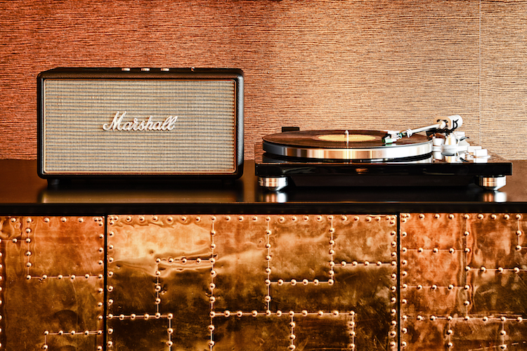 detail shot of a marshall brand speaker and record turn table