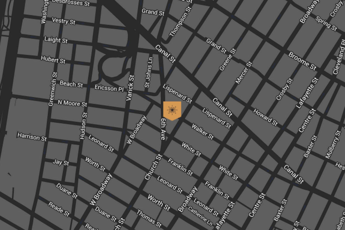 illustration of a map of Tribeca with a gold pin where the Roxy Hotel is located
