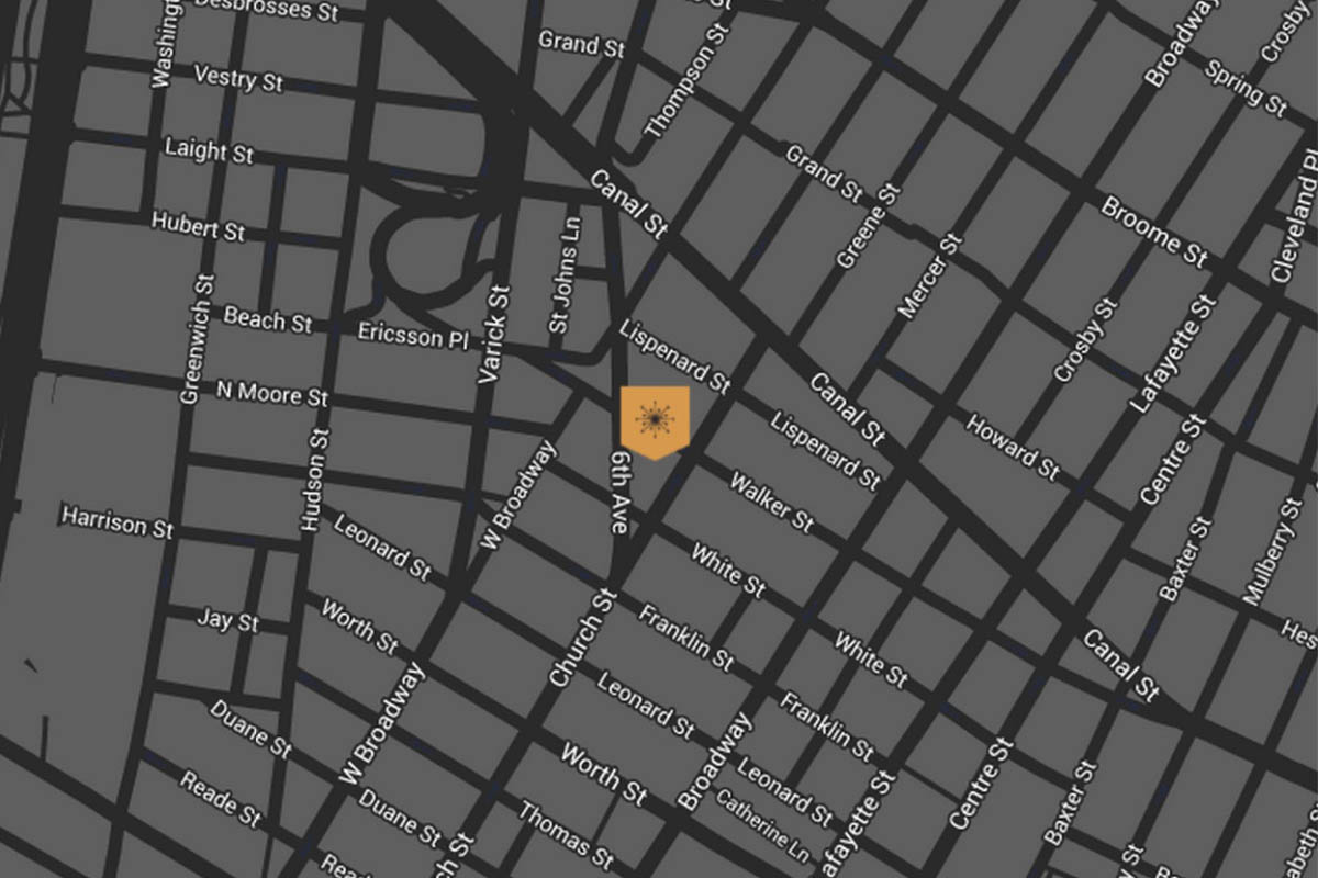 illustration of a map of Tribeca with a gold pin where the Roxy Hotel is located