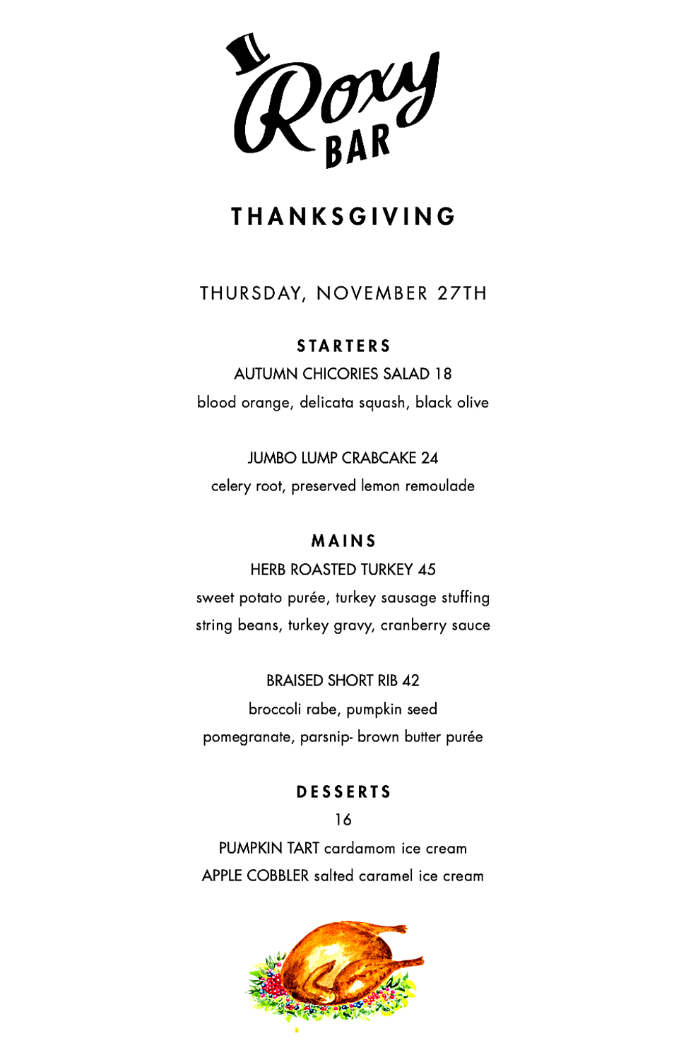 Thanksgiving Dinner Menu at Roxy Hotel