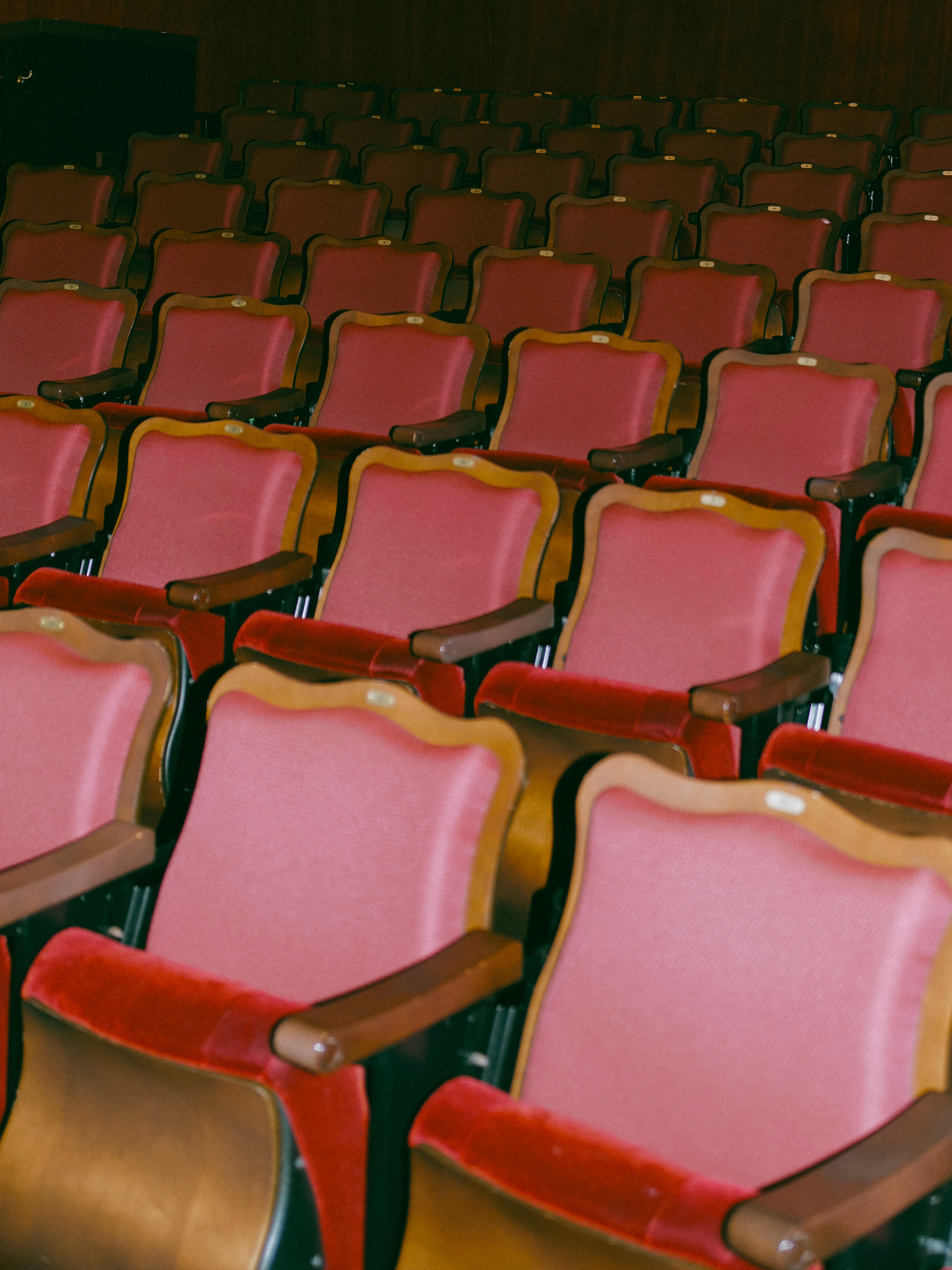 Rows of red velvet seats in Roxy Cinema, a private screening room in NYC.